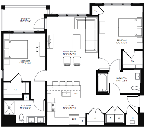 Floor plan for 2 beds, 2 baths, 1203 sqft